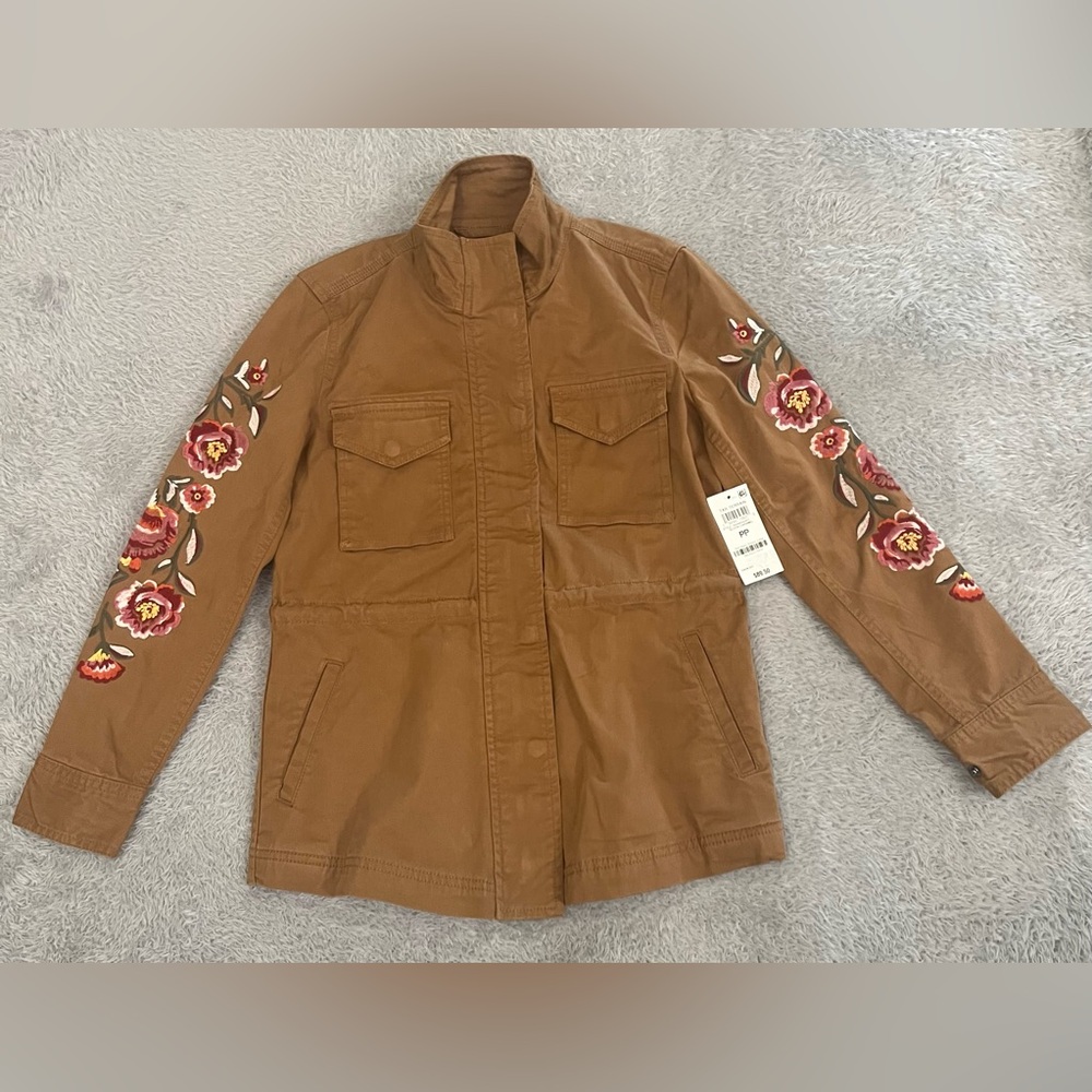 Style & Co Embroidery Field Jacket PP Brown Full Zip/Button String Enclosure NWT